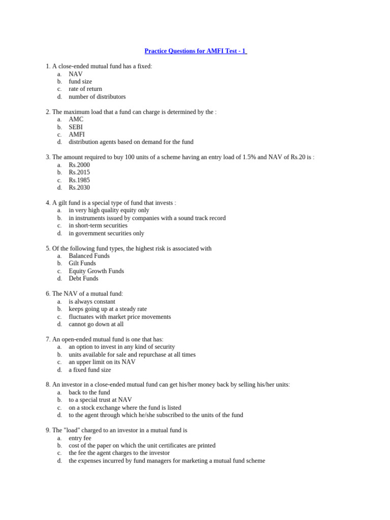AMFI Mock Test - Paper 1-2026 | PDF | Investment Fund | Stocks