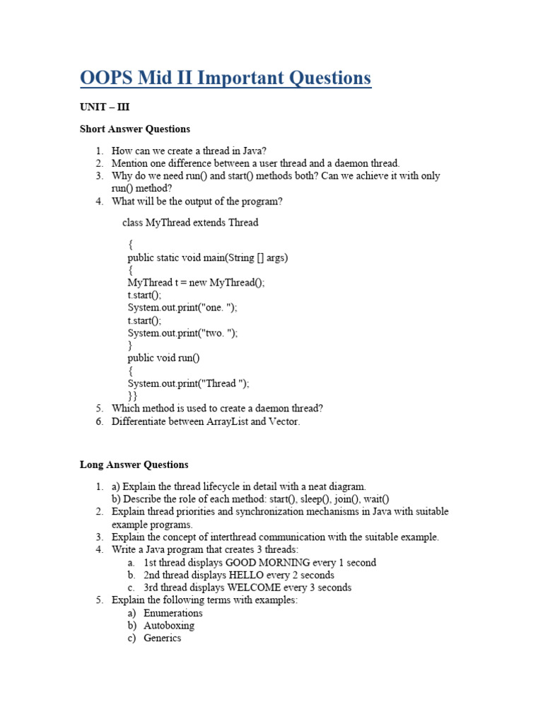 OOPS Mid II Important Questions | PDF
