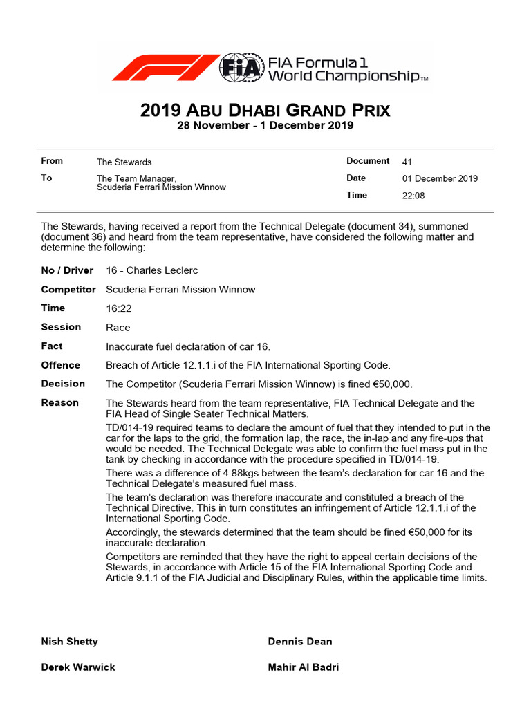2019 Abu Dhabi Grand Prix - Offence - Ferrari (Fuel Declaration) | PDF ...