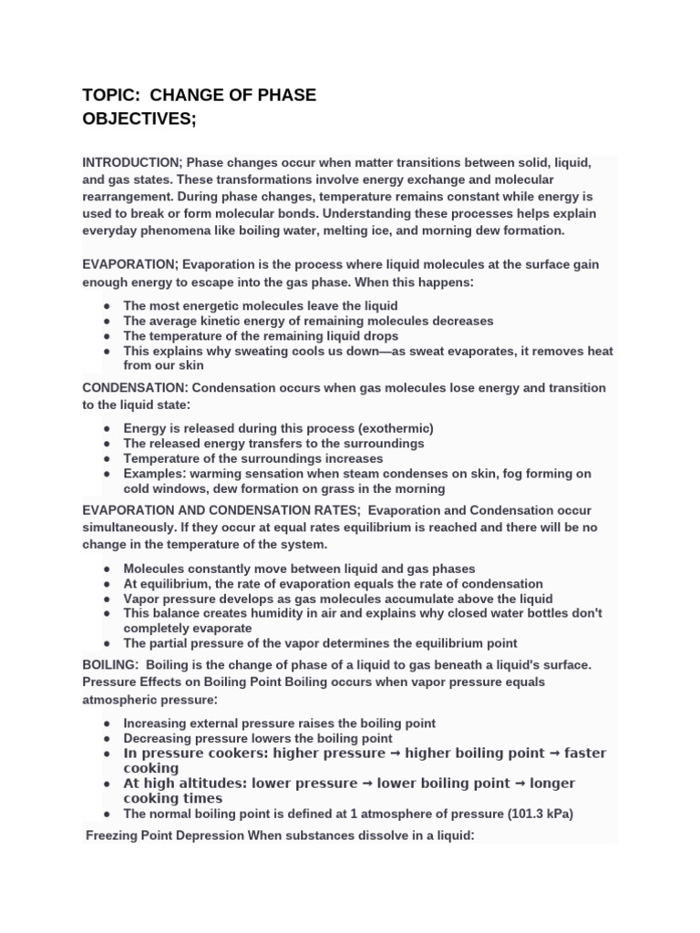 LESSON NOTES ON CHANGE OF PHASE | PDF | Evaporation | Phase (Matter)