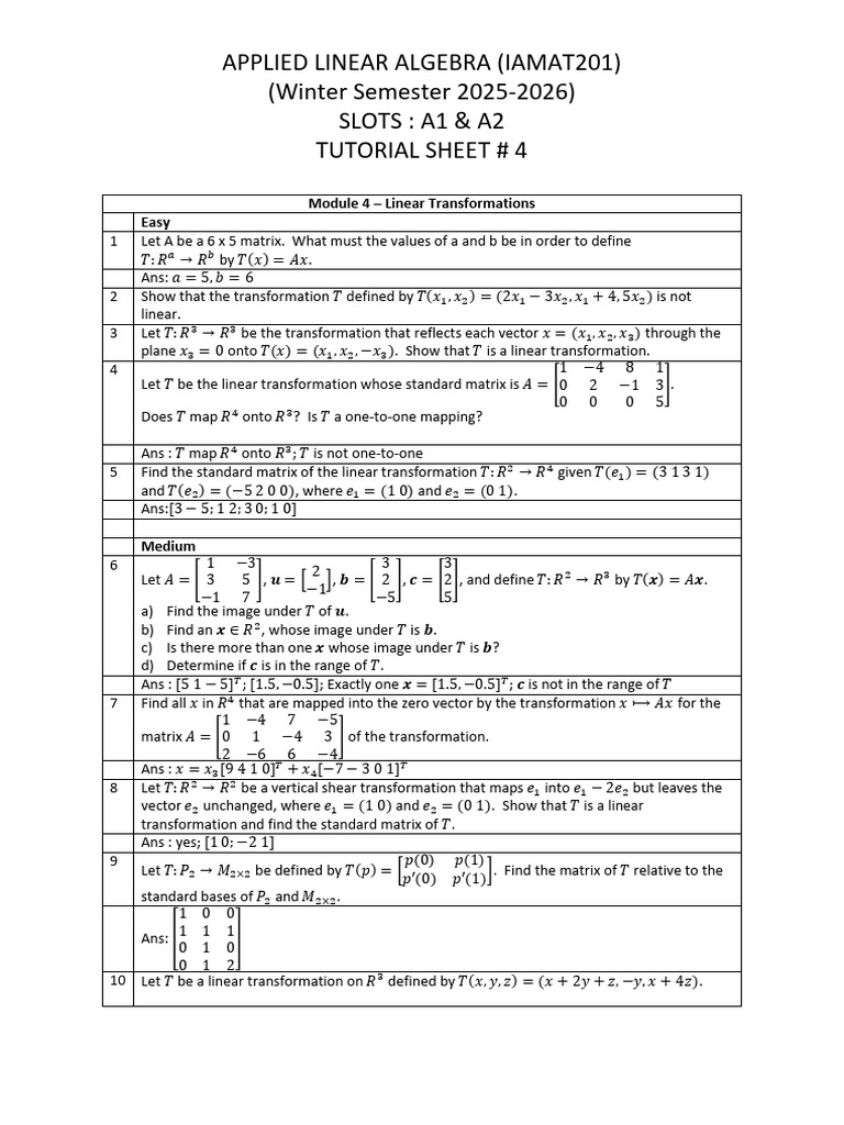 Tut Sheet Mod4 Linear Transformations 1 | PDF | Linear Map | Matrix ...