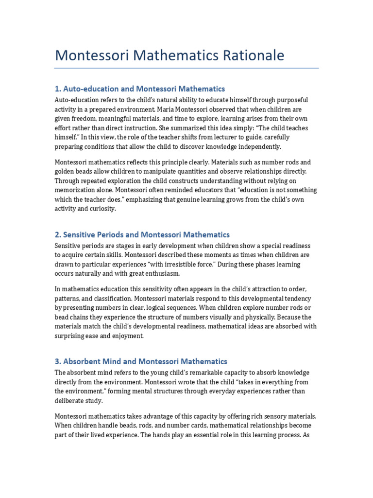 Montessori Mathematics Rationale | PDF | Montessori Education | Mathematics