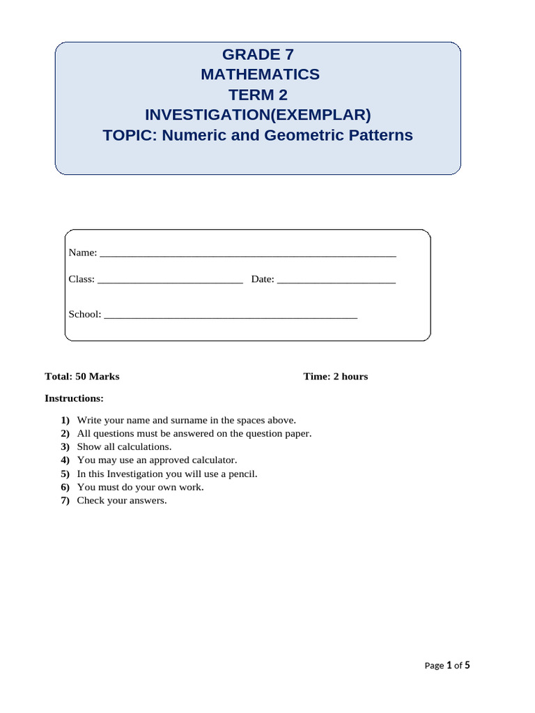 Grade 7 Mathematics (Investigation) 2026 (1) | PDF | Mathematics