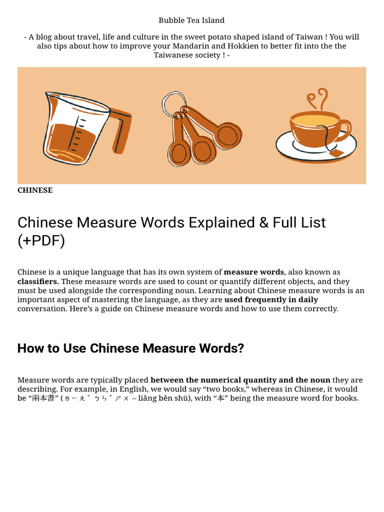 Chinese Measure Words Explained & Full List (+PDF) – Bubble Tea | PDF