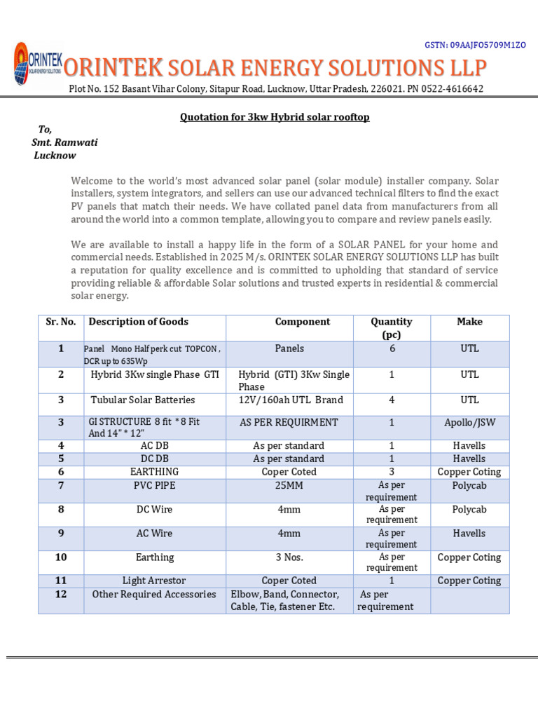0013 Quotation Smt. Ramwati 3kw Hybrid Solar System | PDF | Solar Panel ...