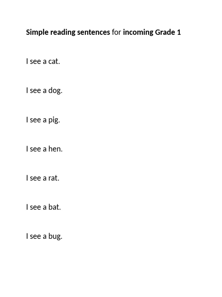Simple reading sentences for incoming Grade 1 | PDF