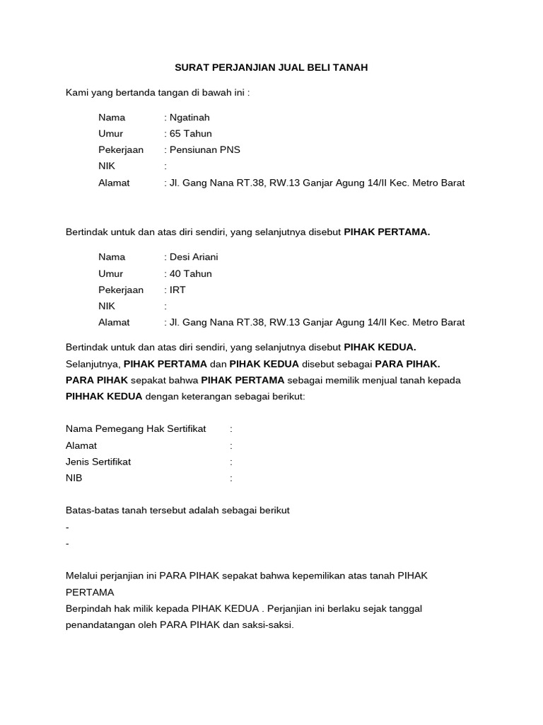 Surat Perjanjian Pengikatan Jual Beli Tanah | PDF