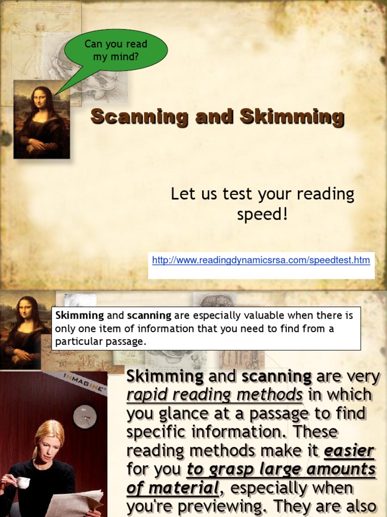 Skimming and Scanning Techniques | PDF | Speed Reading | Reading (Process)