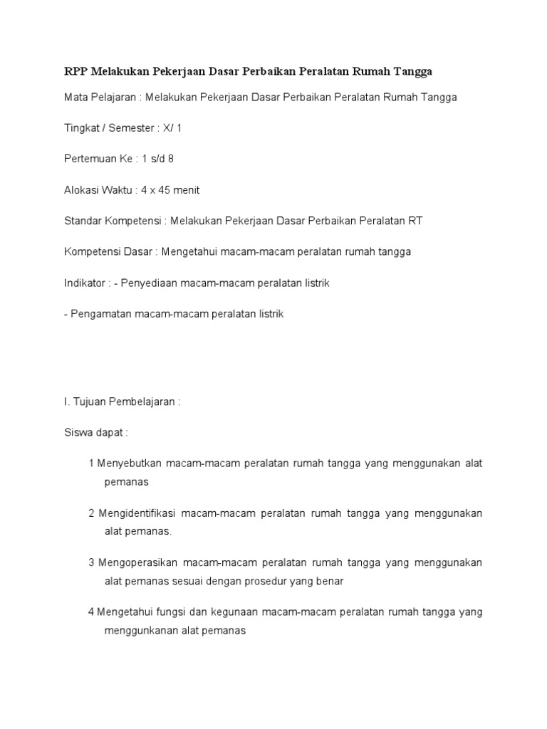 RPP Melakukan Pekerjaan Dasar Perbaikan Peralatan Rumah Tangga