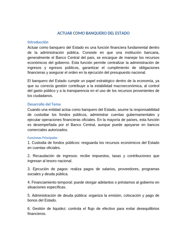 Actuar Como Banquero Del Estado Extenso | PDF | Bancos | Bancos centrales