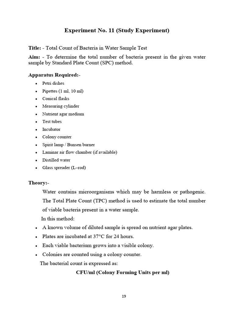 Experiment No. 11 Bacteria Test | PDF | Colony Forming Unit | Bacteria