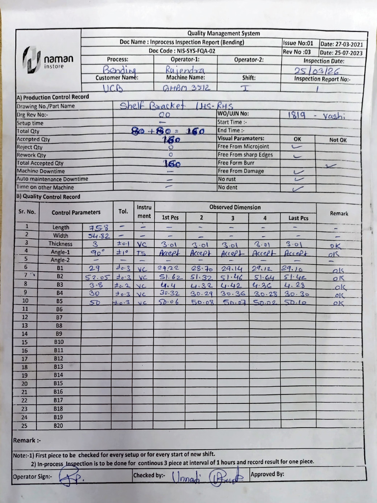 Inprocess Inspection Report of Bending 25 Mar 2026 | PDF | Mechanical ...