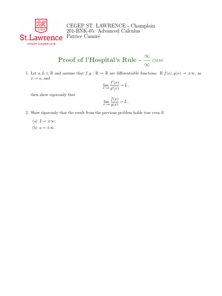 Hospital Rule Infinity Over Infinity Proof | PDF | Analysis | Functions ...
