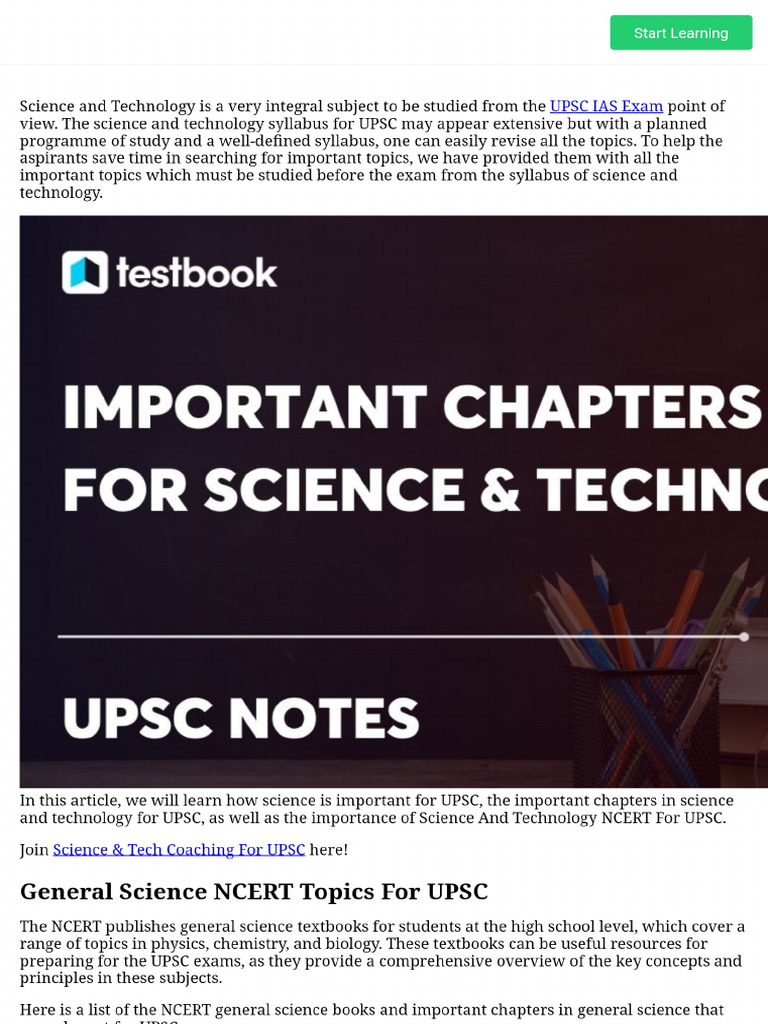 Important Chapters in NCERT Science and Technology UPSC Notes | PDF