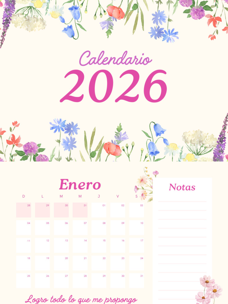 Calendario Año 2026 Floral Ilustrado Crema Rosa (1) | PDF
