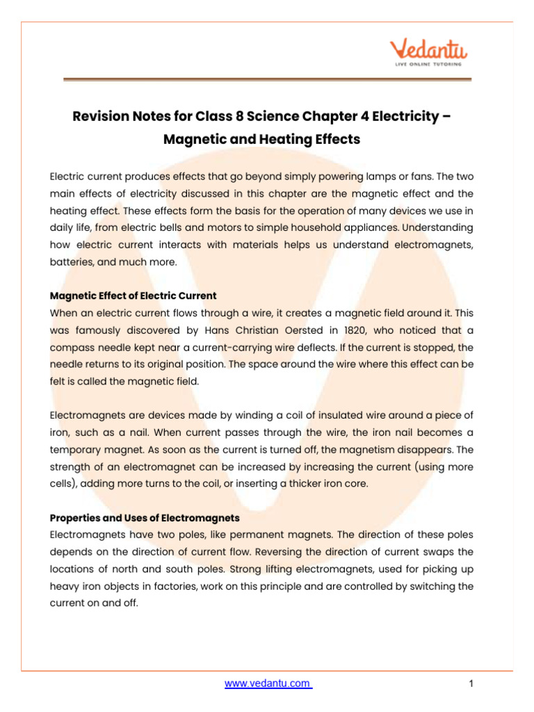Revision Notes for Class 8 Science Chapter 4 Electricity Magnetic and ...