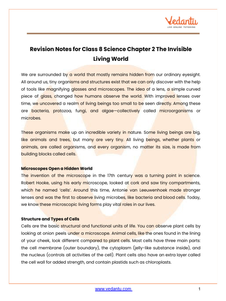 Revision Notes Class 8 Science Chapter 2 2025-26 Free PDF | PDF | Cell ...