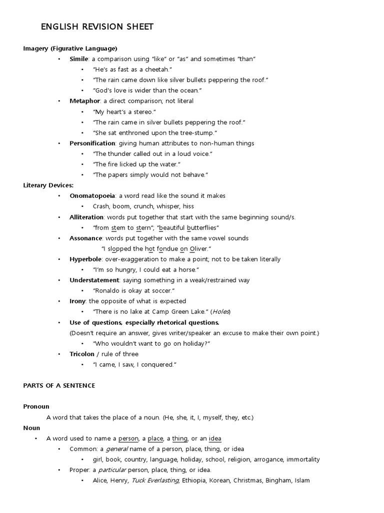 English Revision Sheet | PDF