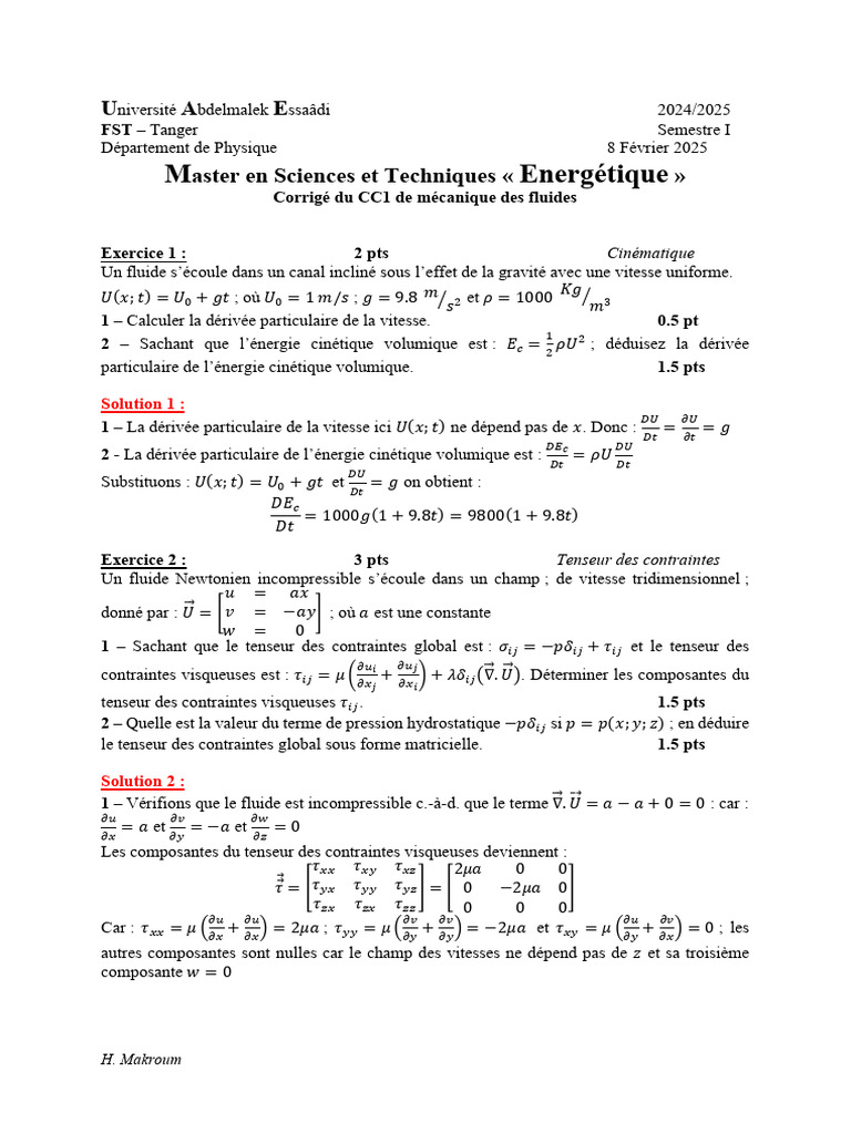 Master 2024 2025 Cc1 Corrigé | PDF | Fluide | Pression
