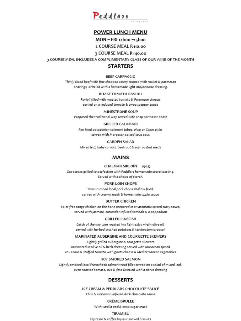 Power Lunch Menu 2 Course Meal R110.00 3 Course Meal R140.00 Salad