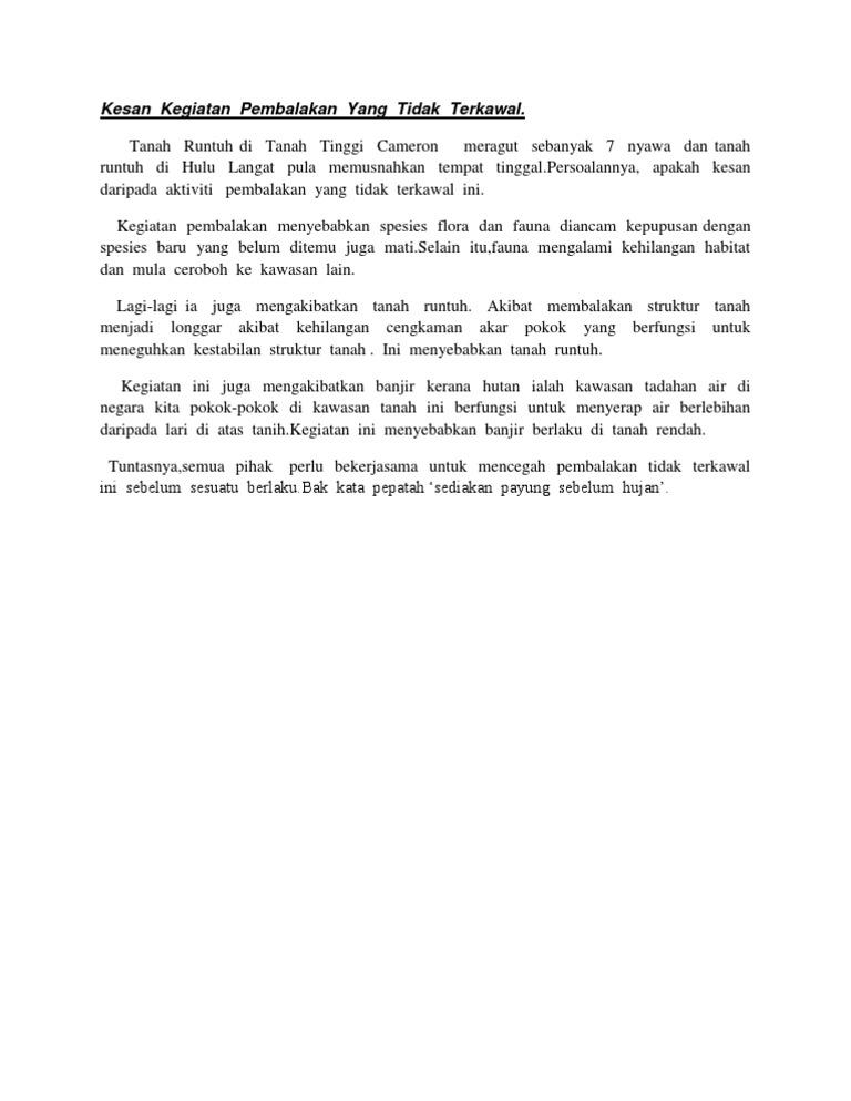 Kesan Kegiatan Pembalakan Yang Tidak Terkawal Pdf
