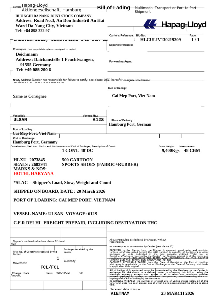 BL Hapag Lloyd | PDF | Bill Of Lading | Cargo