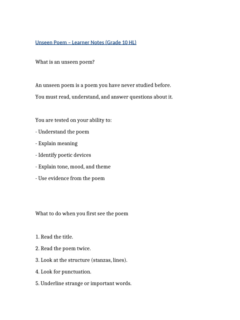 Unseen Poem Notes Grade10 HL | PDF | Poetry | Literary Theory