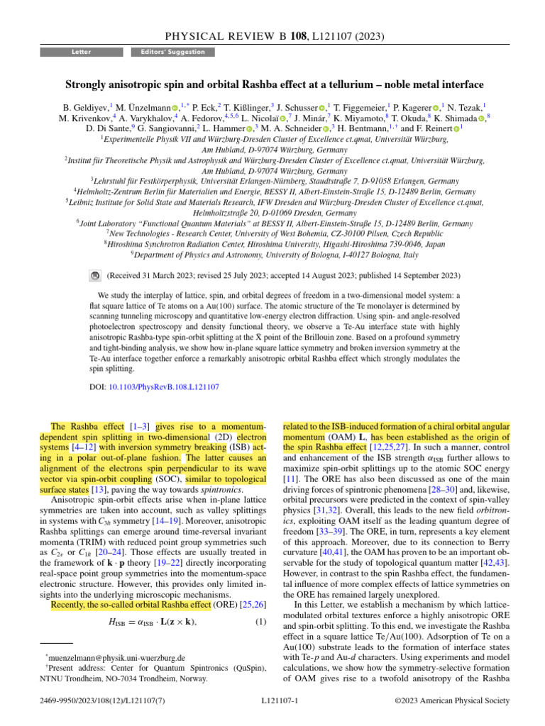 Strongly Anisotropic Spin and Orbital Rashba Effect at a Tellurium ...