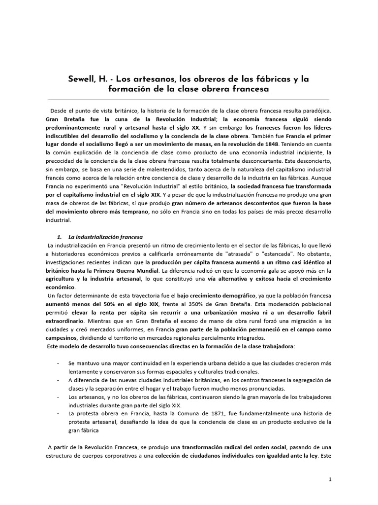 SEWELL, H.- Los artesanos, los obreros de las fábricas y la formación ...