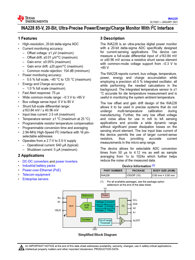 INA228 Datasheet | PDF | Electrostatic Discharge | Analog To Digital ...