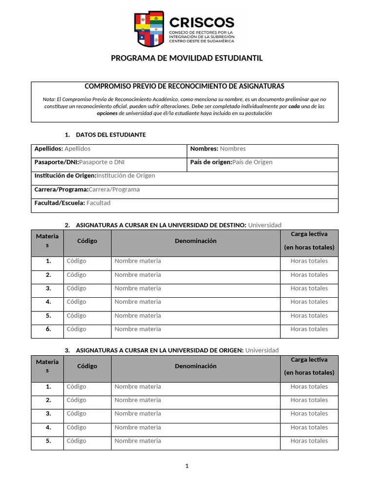 Compromiso Previo de Reconocimiento de Asignaturas - Junio2025 | PDF
