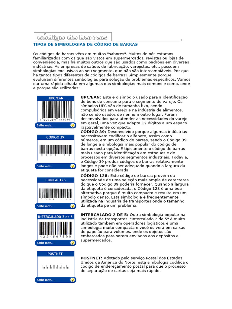 Tipos de Simbologias de Código de Barras | PDF | Código de barras ...