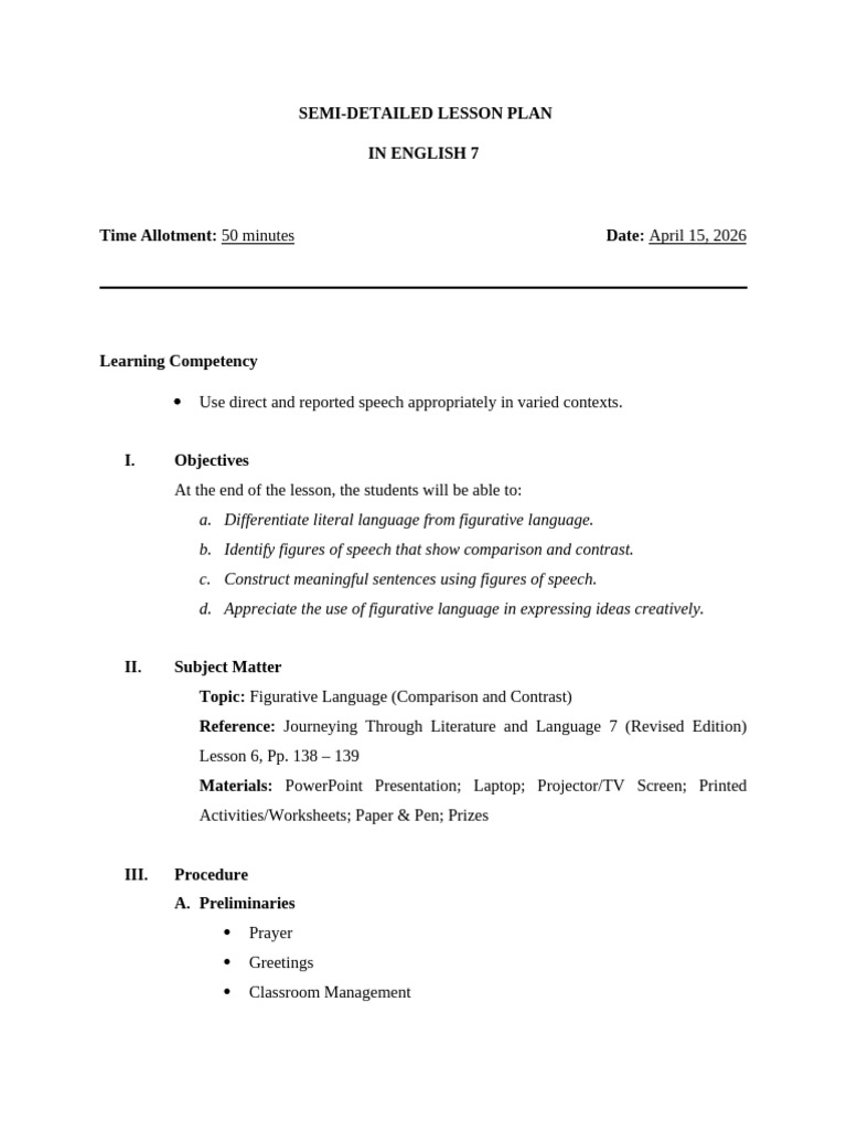 RABARA - SEMI DETAILED LESSON PLAN IN ENGLISH | PDF | Pizza | Lesson Plan