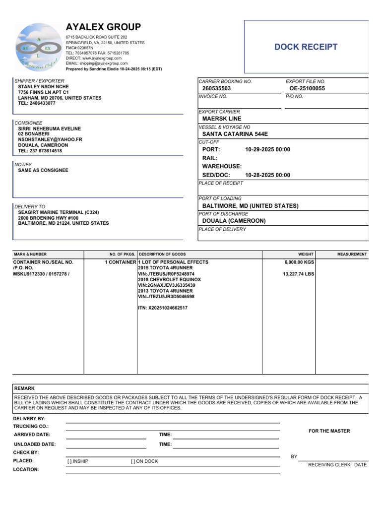 Dock Receipt - 260535503 (2) | PDF | Business Documents | Supply Chain ...