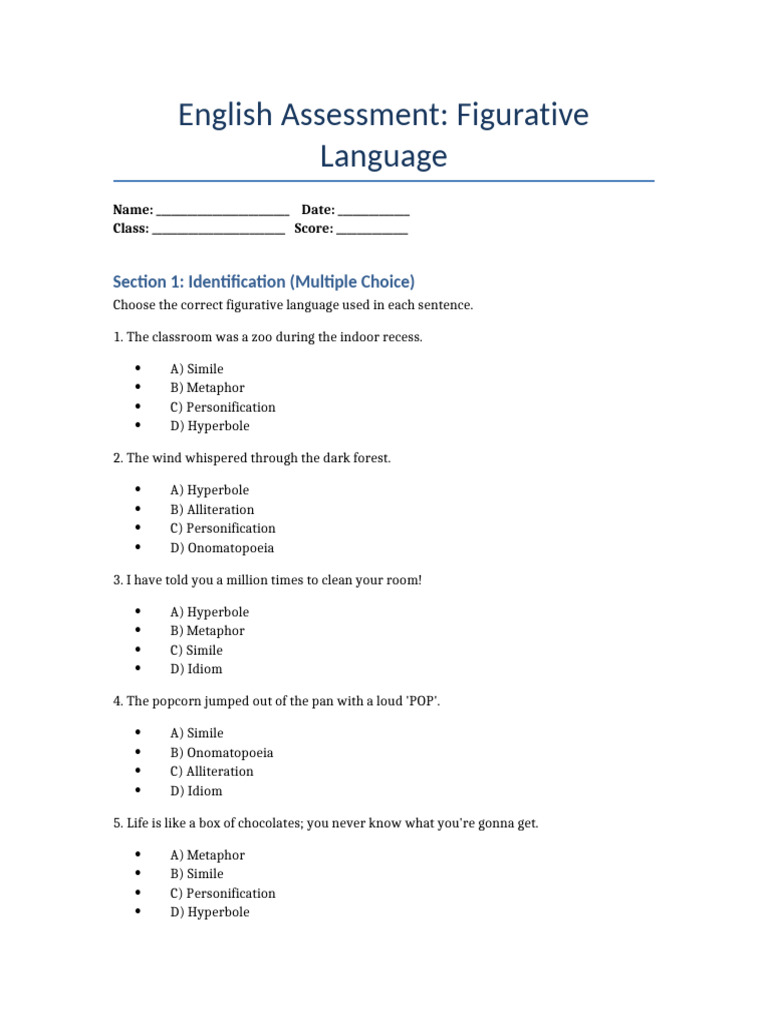 Figurative Language Test | PDF | Metaphor | Linguistics