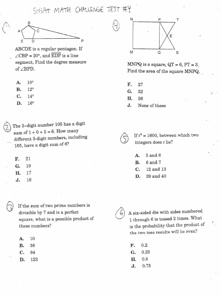 Chris Custom SHSAT Math Challenge Test 4 | PDF
