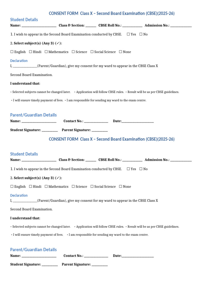 Consent Form CBSE Class X-1 | PDF