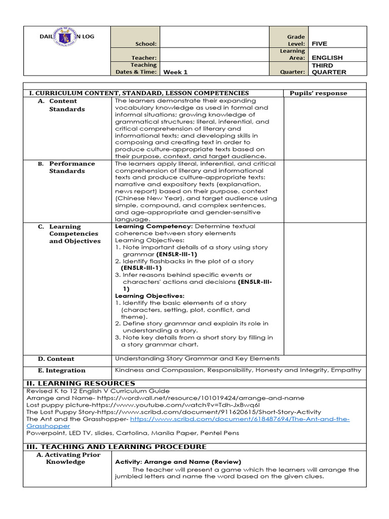 Lesson Plan in English 5 Quarter 3 Week 1 | PDF | Reading Comprehension ...