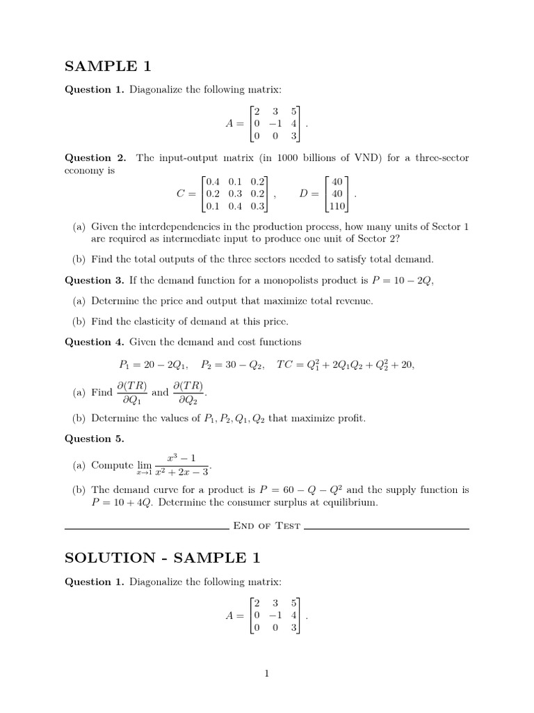 [Solution] Sample - Advanced Mathematics | PDF | Demand | Economic ...