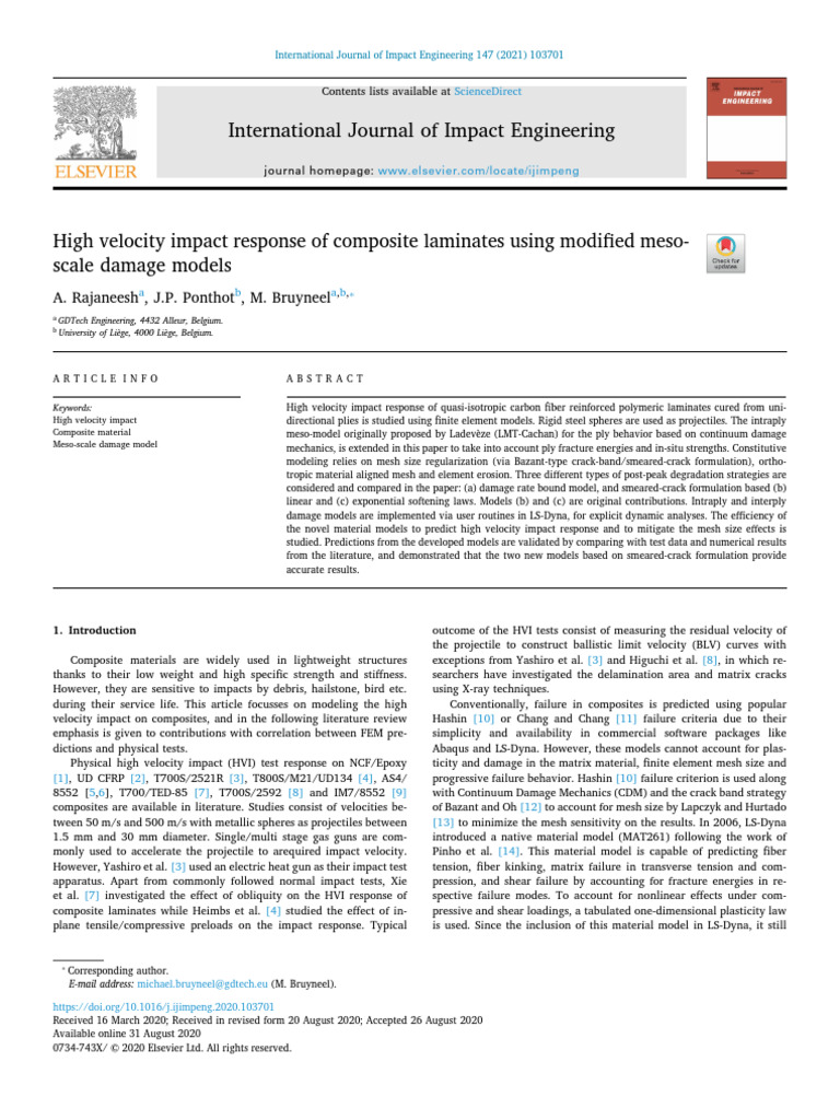 High Velocity Impact Response of Composite Laminates Using Modified ...