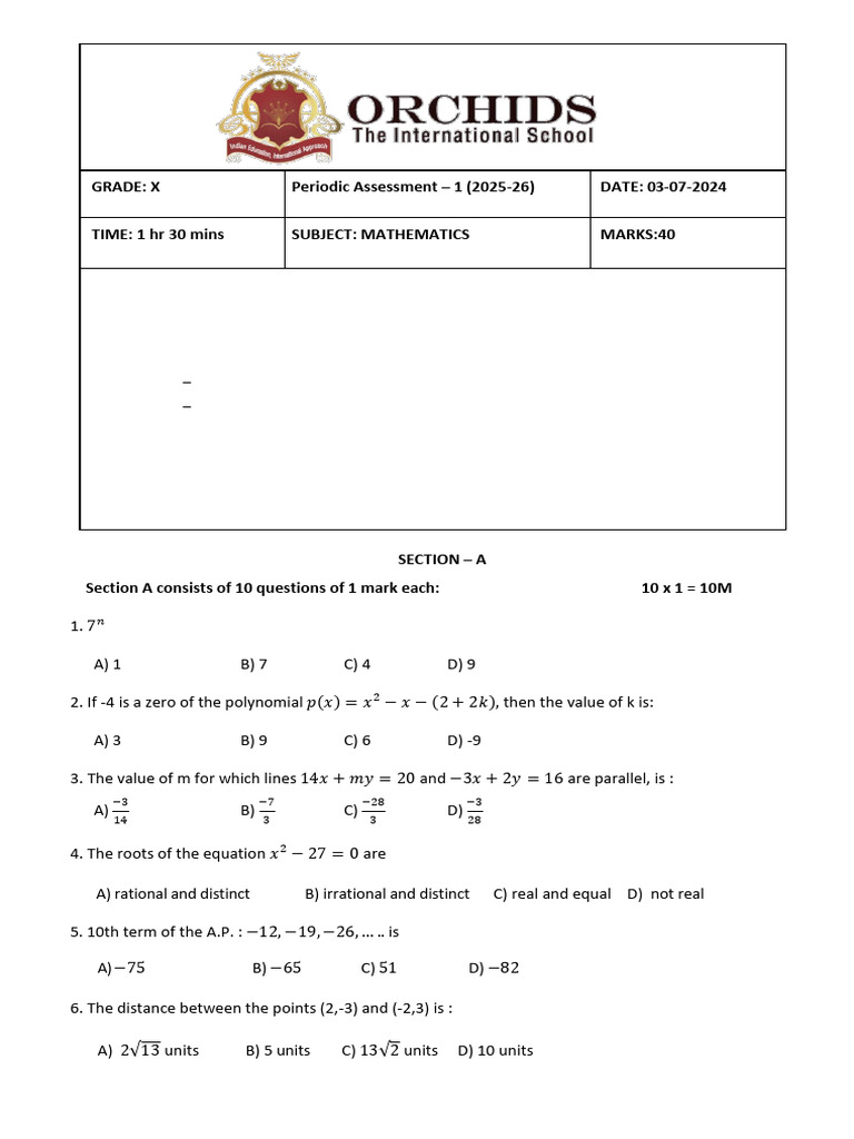 Grade 10 Math PA1 QP | PDF | Quadratic Equation | Numbers