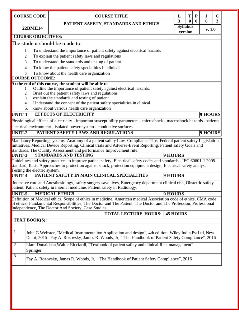 22BME14-PATIENT SAFETY, STANDARDS AND ETHICS | PDF | Patient Safety ...