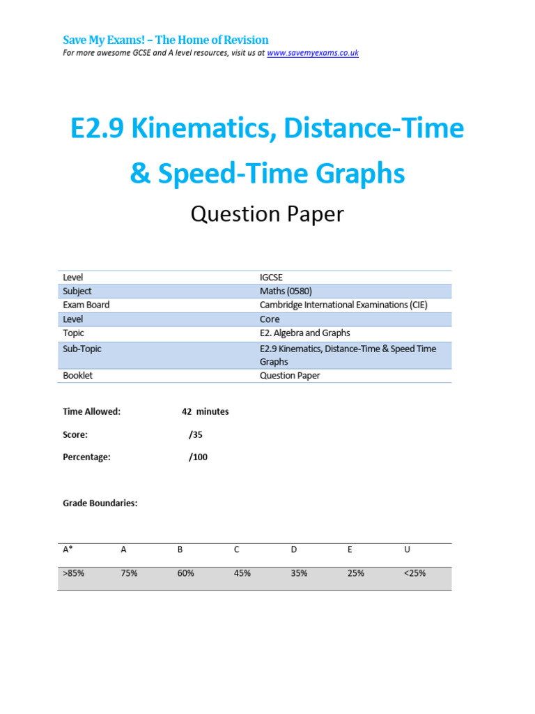 2.9 Algebra and Graphs Kinematics Distance Time Speed Time Graphs Cp ...