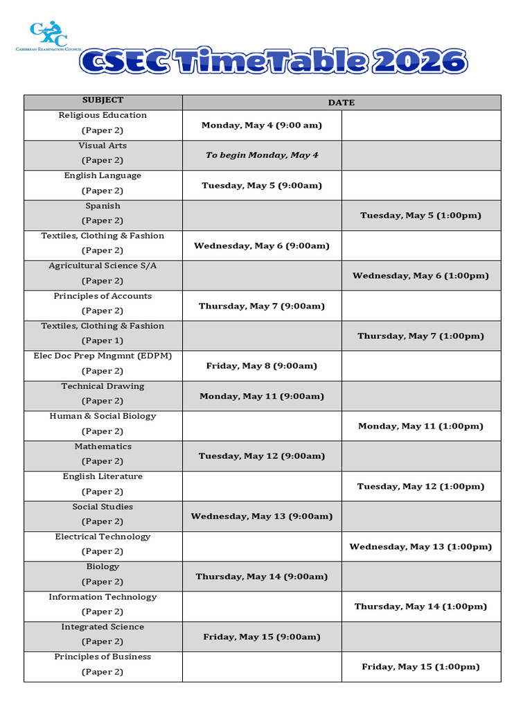 CSEC Timetable 2026 (Simplified) | PDF | Science