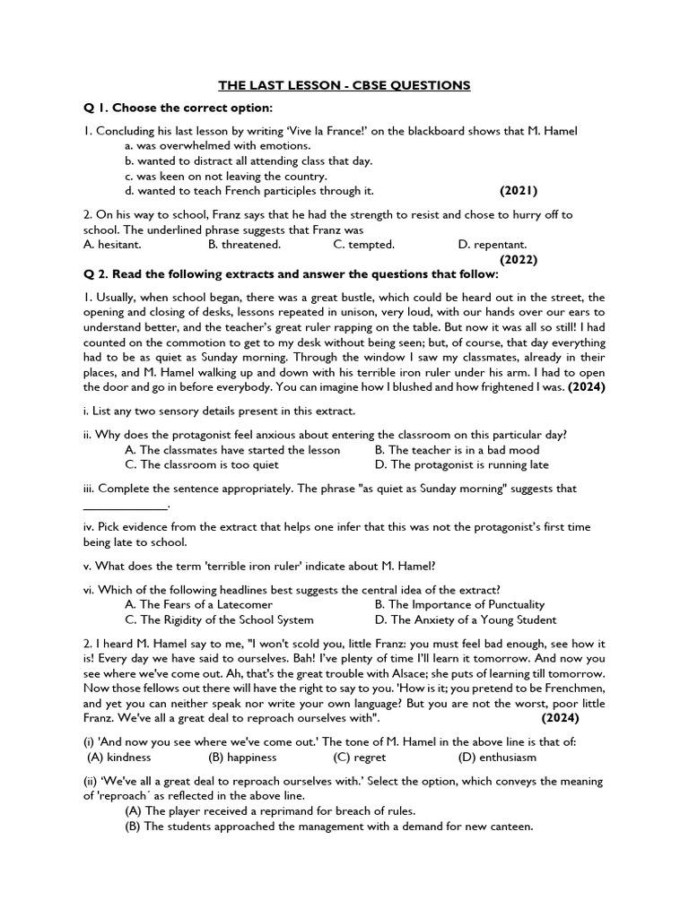 1. the Last Lesson Cbse Questions | PDF