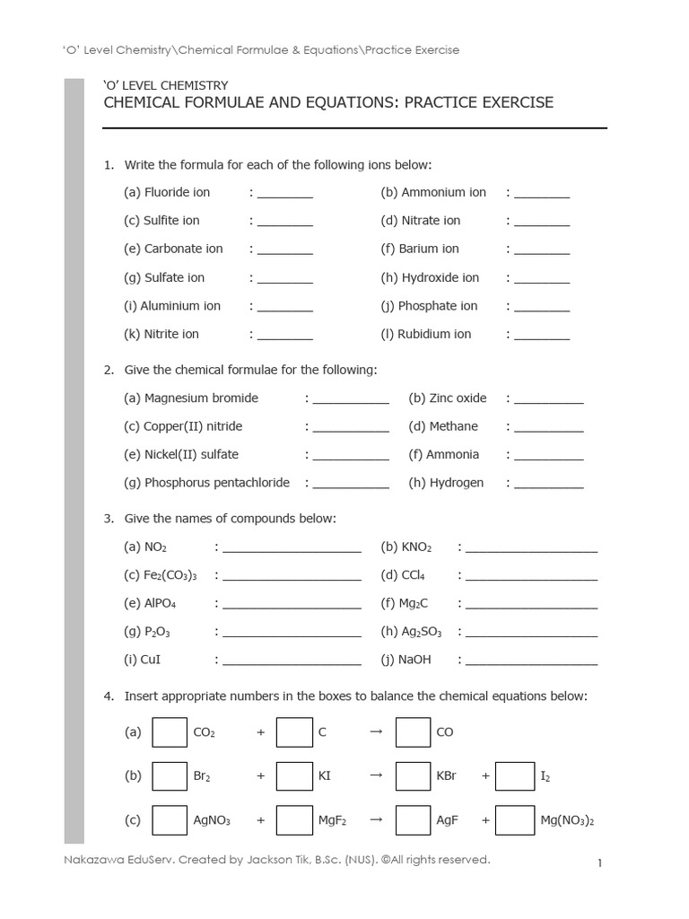 Practice Exercise5 - Chemical Formulae & Equations | PDF | Oxide | Acid