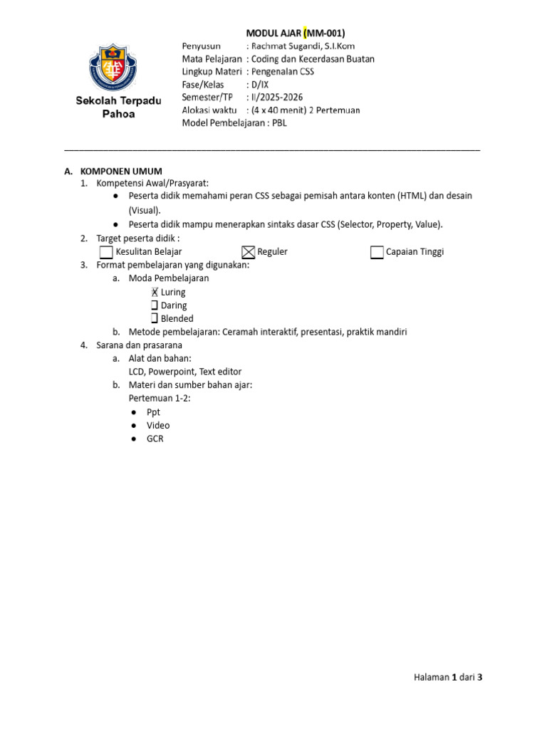 MODUL AJAR Coding Dan KA KELAS 9 2025-2026 (Supervisi) | PDF