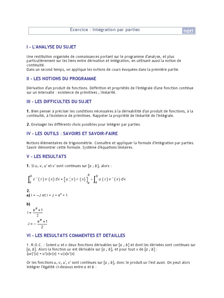 Correction Bac Maths S Integration Parties