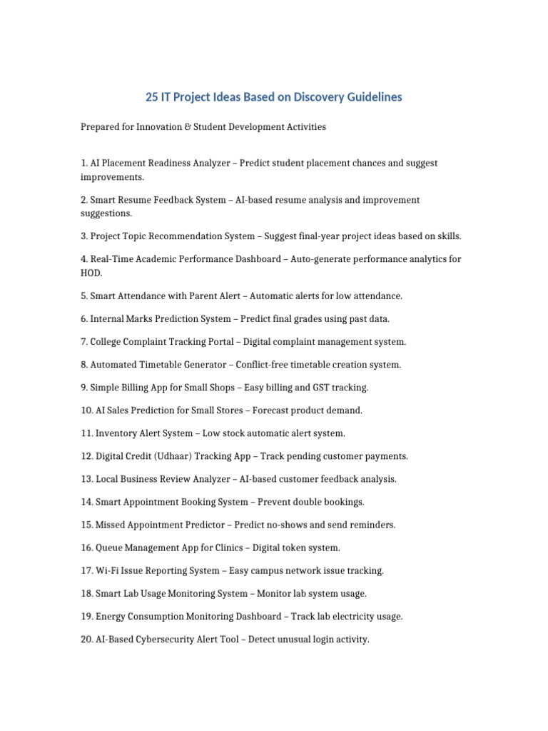 25 IT Project Ideas Discovery Guideline | PDF