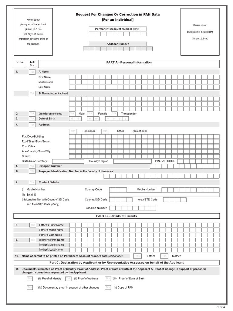 PAN Changes or Correction in PAN Data Form Individual | PDF | Identity ...